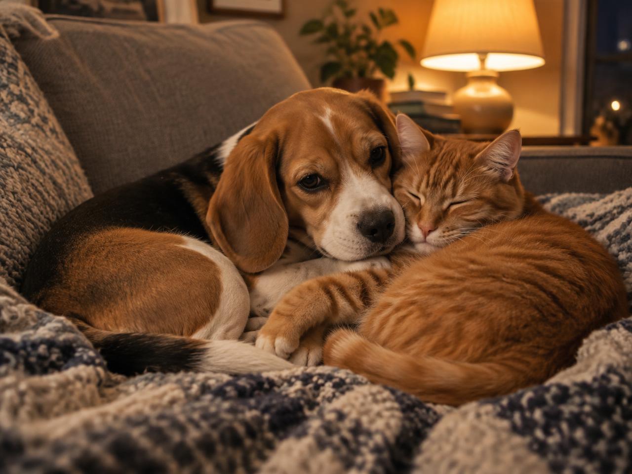 Un beagle et un chat roux blottis ensemble sur un canapé