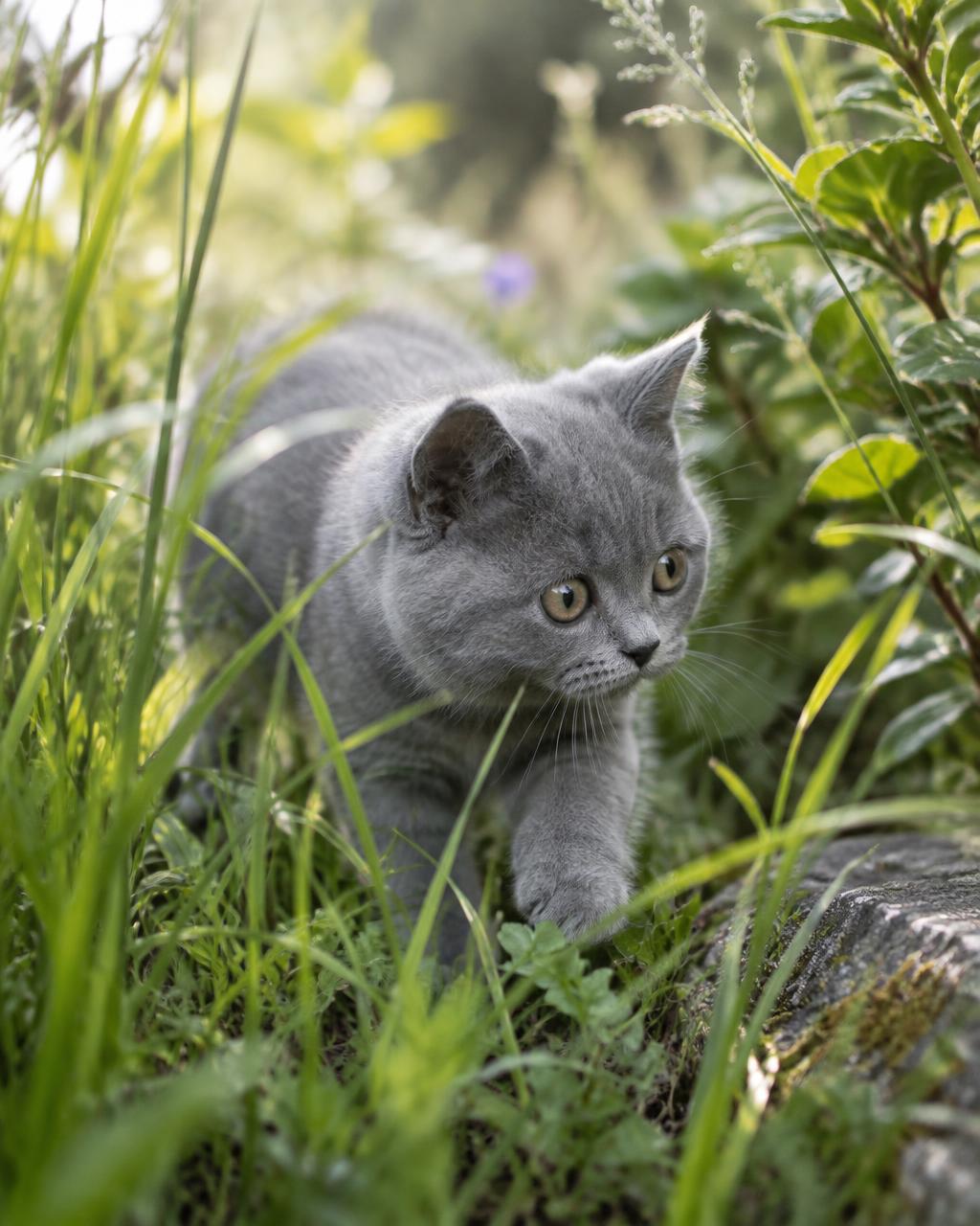 Un chaton gris explore les herbes hautes
