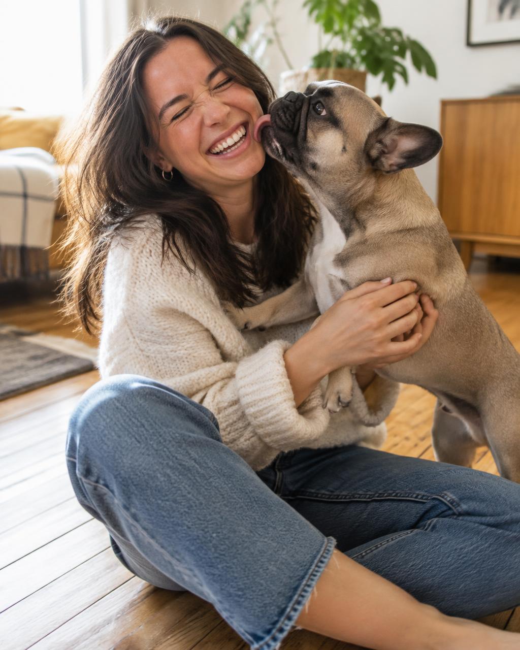 Une femme rit pendant que son bouledogue français lui lèche la joue
