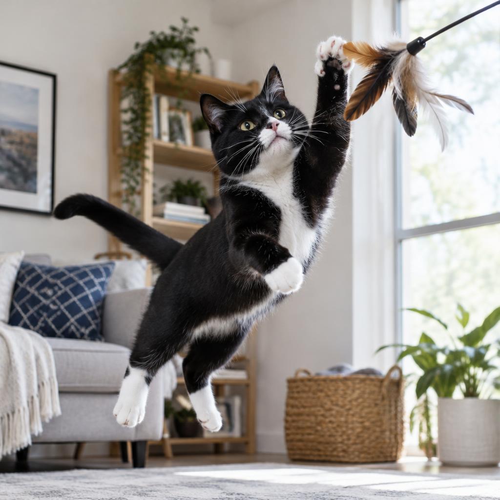 Un chat bondit vers un jouet