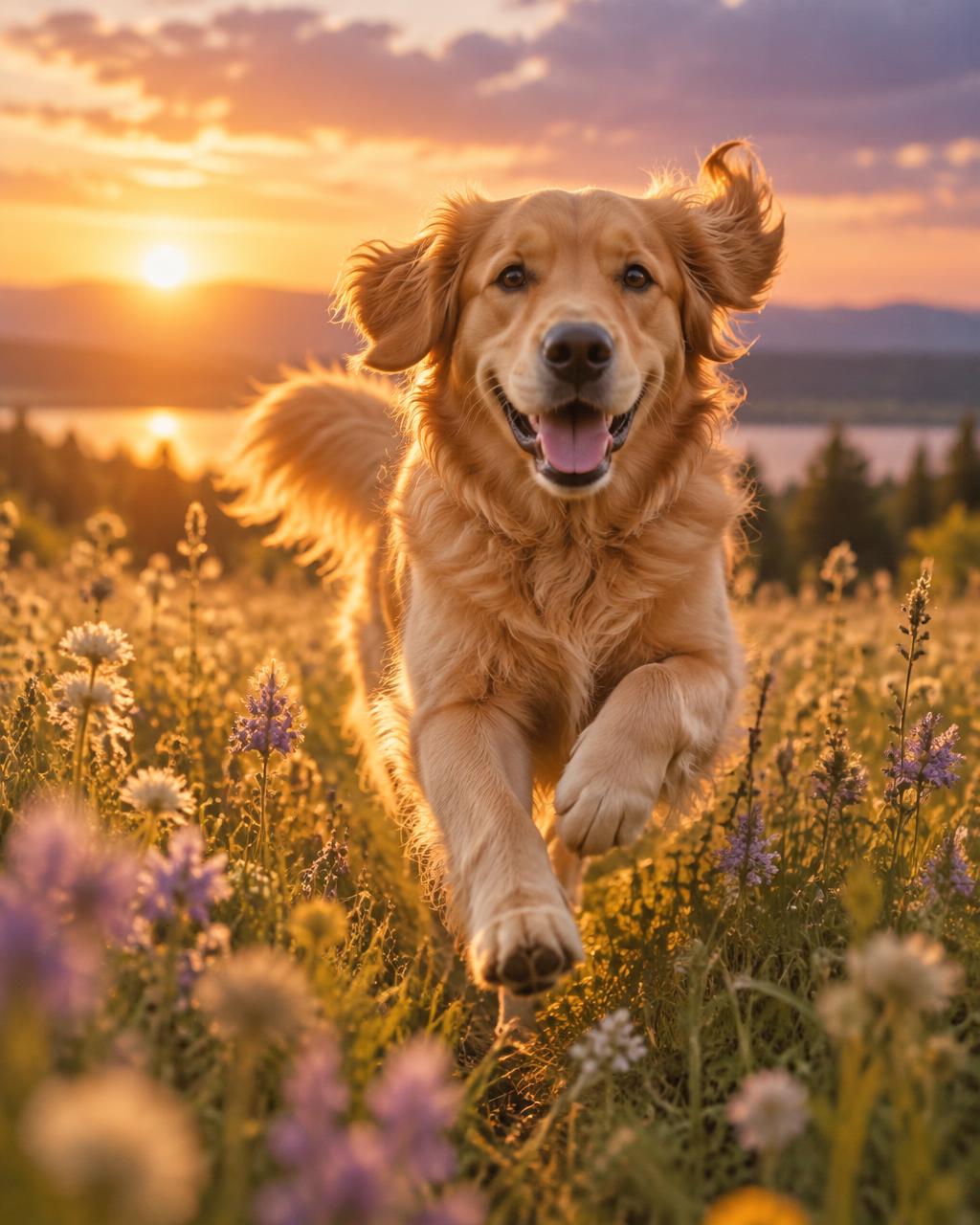Un golden retriever court vers vous dans un pré fleuri