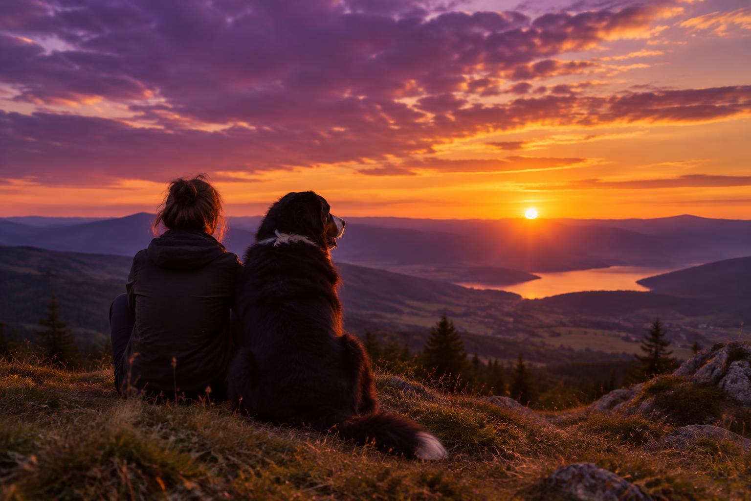 Une personne et son bouvier bernois regardent le coucher du soleil