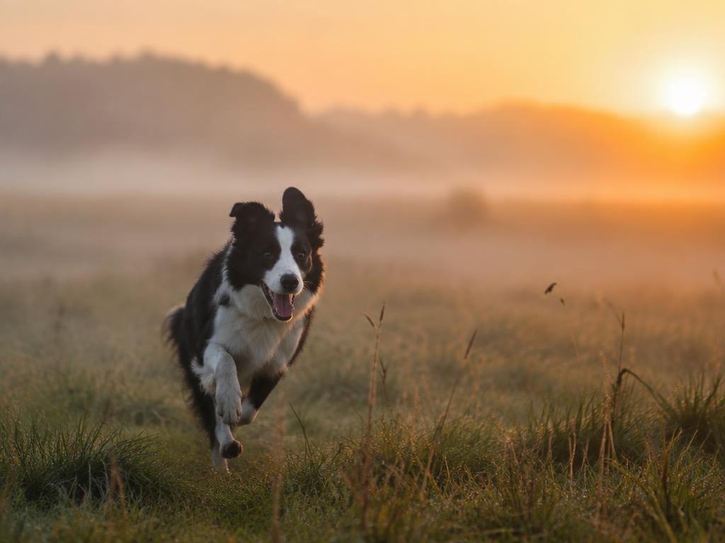 Un chien court dans un pré au lever du soleil